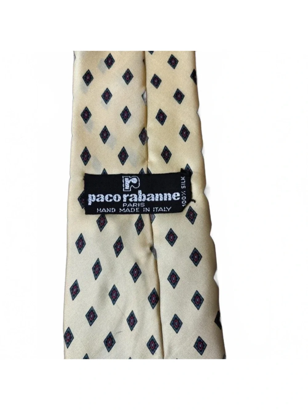 Paco Rabanne Paris Mens Silk Tie Yellow Geometric Diamond Hand Made in Italy